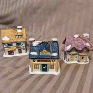 Vintage Set of 3 Dickens Village Houses Christmas Ornaments Readers Digest Bells